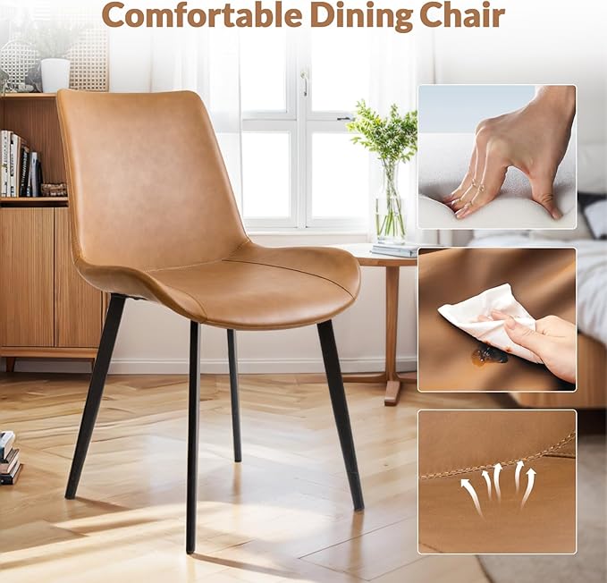 Dining Chairs, Modern PU Leather Dining Room Chair with Sturdy Metal Legs, Upholstered Seat Dinner Chairs Accent Side Chairs for Indoor Kitchen Living Room (Brown, Set of 4)