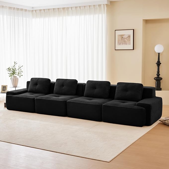 150" Modern Corduroy Cloud Sofa, Boneless Modular Large Sectional Couches for Living Room, Black 4 Seater Compressed Memory Foam Couch, Extra Deep Seat, No Assembly
