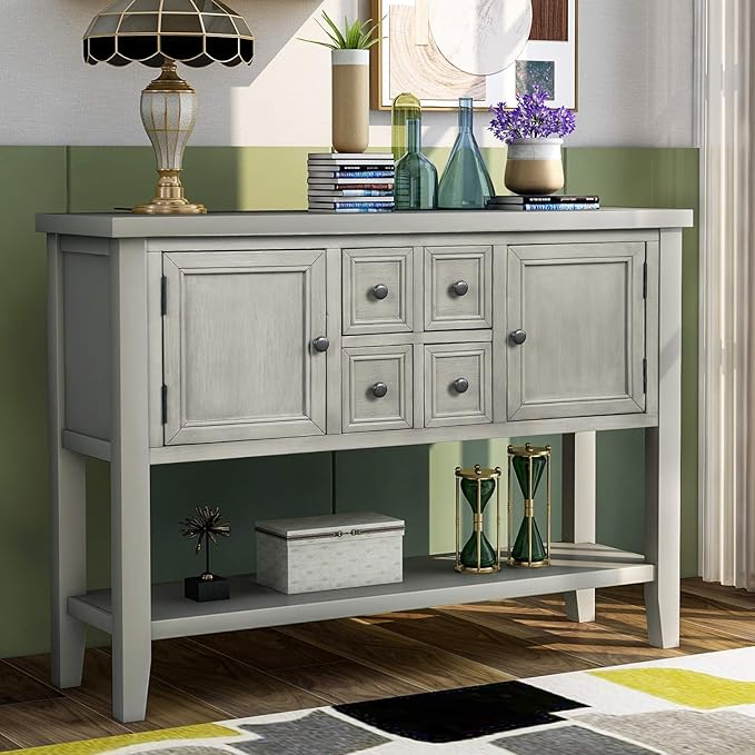Farmhouse Vintage Console Table Sofa Table with 4 Drawers and Bottom Shelf, Solid Wood Buffet Sideboard Storage Cabinet for Entryway Living Room Kitchen Dining Room (Antique Gray)