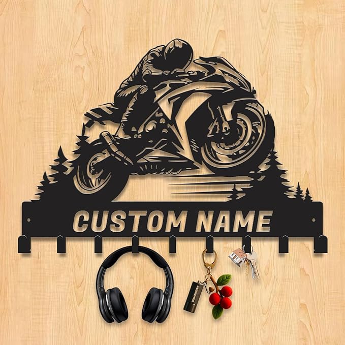 Personalized Motorcycle Metal Key Holder, Custom Last Name Metal Wall Sign, Hanging Storage Rack for Garage and Home Decor (Style-4)