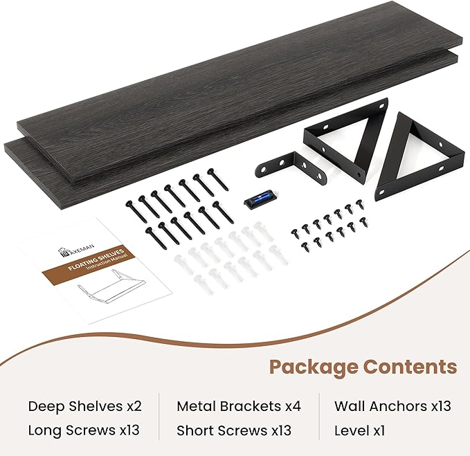 Axeman Black Floating Shelves for Wall 48 Inch | 47.3W x 8D Rustic Wood Floating Shelves Set of 2 | 8 Inch Deep Long Wall Shelves for Bathroom Kitchen Living Room | Bookshelf Display Shelves
