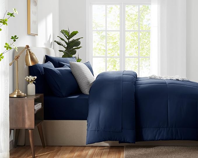 CozyLux Queen Comforter Set Navy Blue, 7 Pieces Bed in a Bag, Blue Comforter Queen Size, All Season Bedding Sets with Stitch Quilted Comforter, Flat Sheet, Fitted Sheet, Pillowcases