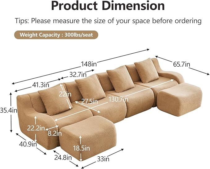 Camel U-Shaped Cloud Couch with 2 Ottomans, Modern Teddy Fabric Boneless Sectional Sofa in a Box for Living Room, Modular Floor Couch, Deep Seat, No Assembly Required, Sofas para Sala