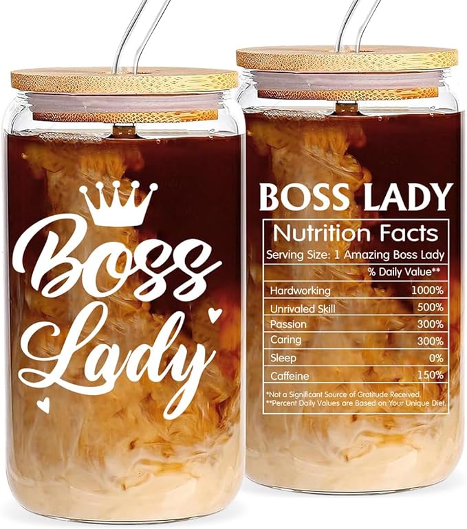 Boss Lady Gifts for Women, Gifts for Boss Female, 16oz Glass Coffee Cup, Boss lady Nutrition Cup,Thank You Appreciation Gift for Coworker Friend, Birthday Gift for Boss Lady Leader