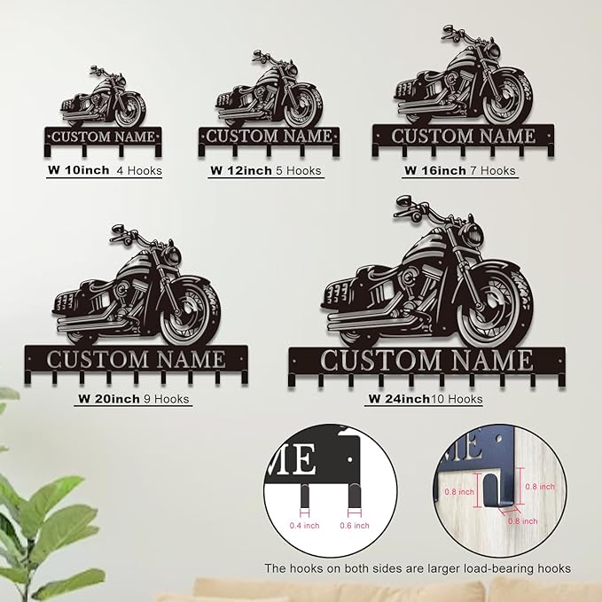 Personalized Motorcycle Metal Key Holder, Custom Last Name Metal Wall Sign, Hanging Storage Rack for Garage and Home Decor (Style-1)