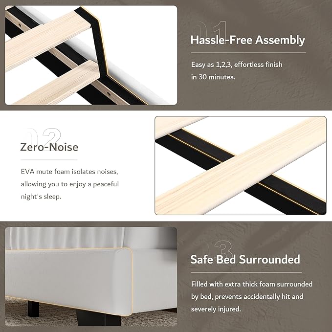 iPormis Queen Platform Bed Frame with Velvet Upholstered Headboard & Thickened Legs, Mattress Foundation with Solid Wooden Slats Support, No Box Spring Needed, Noise Free, White