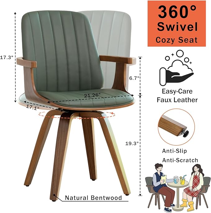 MCM Dining Chairs, Set of 4 Mid Century Modern Chairs with Walnut Craftsmanship, Upholstered Faux Leather, Wooden Arms and Legs, Faux Leather Dining Chairs for Kitchen/Living Room - Green