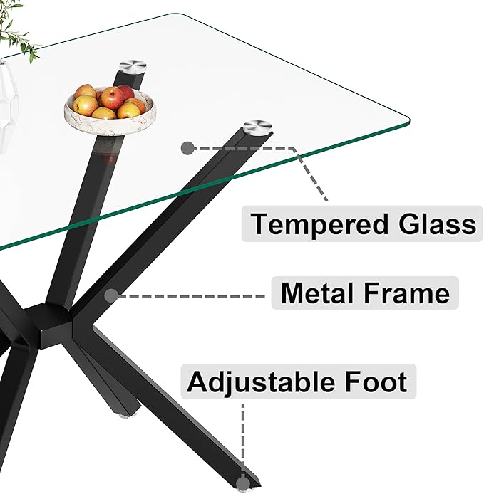 47" Tempered Glass Dining Table for 4, Modern Kitchen Table Rectangle Top, Geometric Metal Leg, for Apartment Dining Room Restaurant (Black)