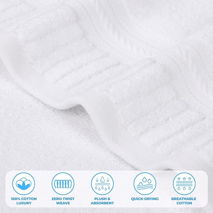 Superior Venice Zero Twist Cotton Medium Weight Towels, for Kitchen, Bathroom, Shower, Spa, Plush Towels, Bath Essentials, Ribbed Textured Border, Absorbent Hand Towels, Set of 6, White