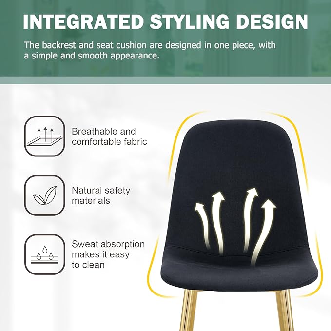 Dining Chairs Set of 4,Luxury Modern Kitchen Dining Room Chairs with Metal Golden Leg and Linen Material High Resilience for Dining Room,Restaurant,Living Room, Bedroom, (Black+Gold)