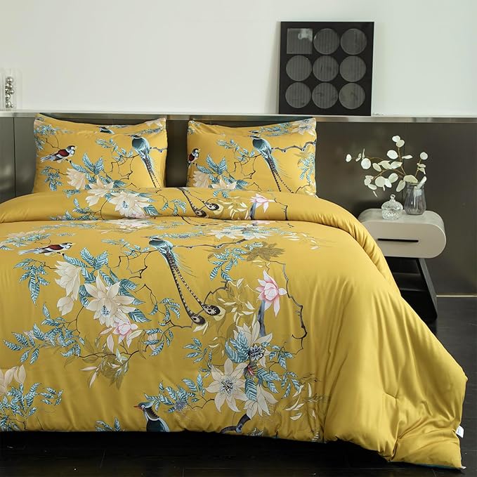 Floral Comforter Set Twin Soft Cute Floral Bedding Comforter Sets Garden Style Flower Tree Branches Flowers Birds Print Botanical Comforter Set for All Seasons 1 Comforter and 1 Pillowcases