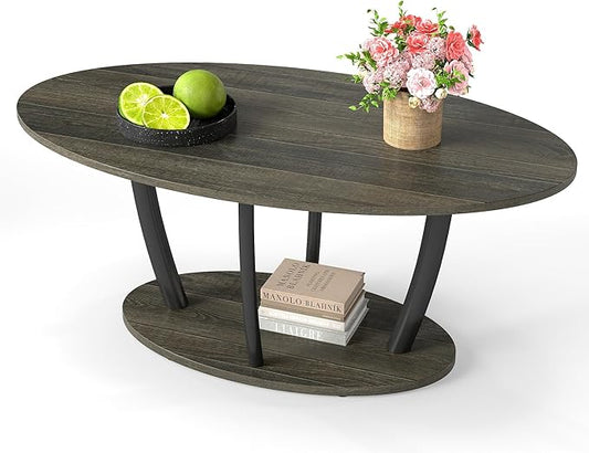 Manora Rustic Small Oval Coffee Table for Living Room, Narrow Wood Center Table with Shelf, Retro Style Coffee Table with Curved Metal Legs, Stable and Easy Assembly, Gray