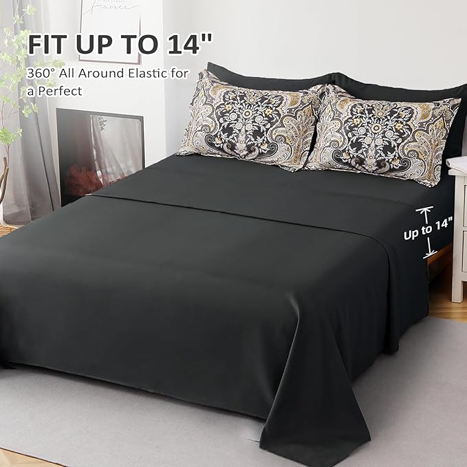 Drucon Boho Paisley Comforter Set Queen Size, 7 Pieces Bed in a Bag Black Gold Comforter Set, Soft Lightweight Bedding Set (1 Comforter, 1 Flat Sheet, 1 Fitted Sheet, 2 Pillow Shams, 2 Pillowcases)