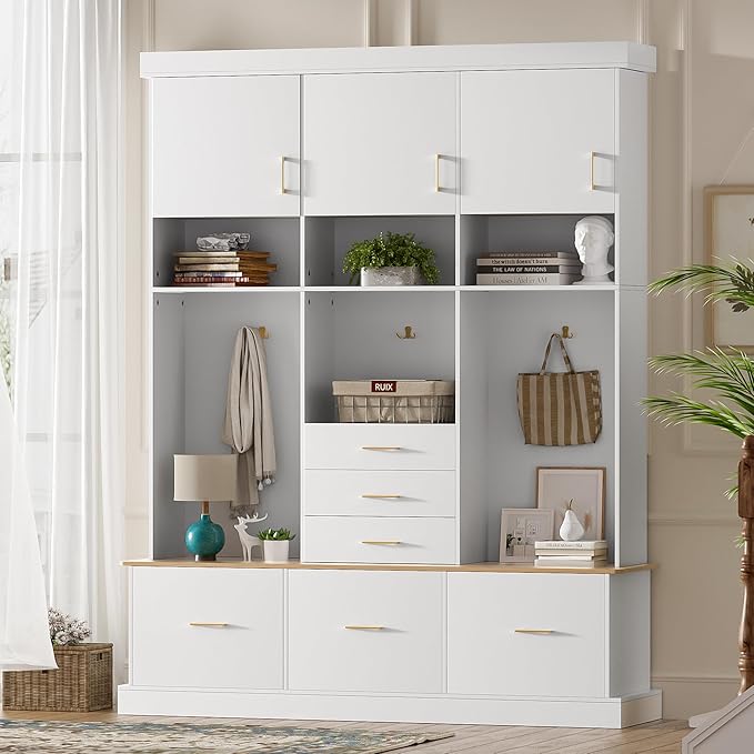 Merax 5-in-1 Hall Tree with Bench and Storage, Modern with Coat Rack, 6 Drawers, 3 Cabinets and 3-Tier Top Storage for Hallway, Entryway, Living Room, White