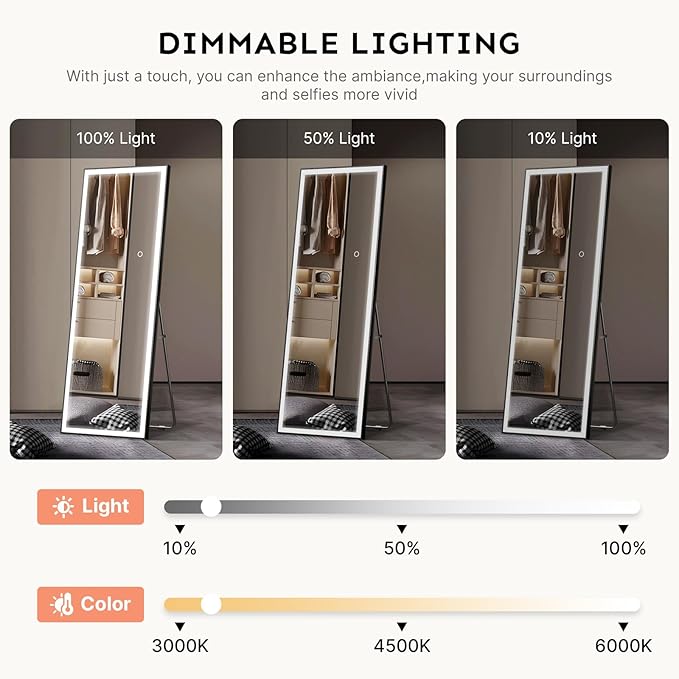 Kosmonia 71x28 Full Length Mirror, Dimmable 3 Color LED Light w/Light Memory, Distortion Free Silver Coating Mirror, HD Reflection &Anti Desilvering,Tempered Glass &Shatter Proof Film Doubles Safety