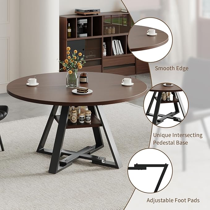 Walnut Round Dining Table Set for 4, Mid-Century Modern Kitchen Table and Chairs, Small Space Dining Room Furniture for Apartment, Breakfast Nook or Studio (Walnut wood-Storage Table+4 Black Chairs)
