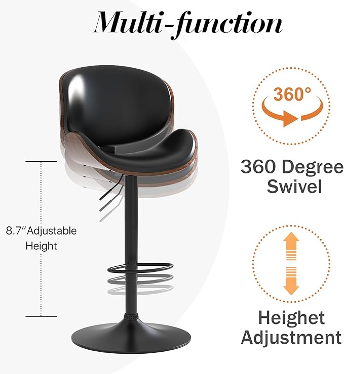 Adjustable Swivel Bar Stools Set of 3, Modern Bentwood Barstool with Large Metal Base and Footrest, PU Leather Upholstered Bar Chair with Curved Back for Kitchen Island Dining Room, Black