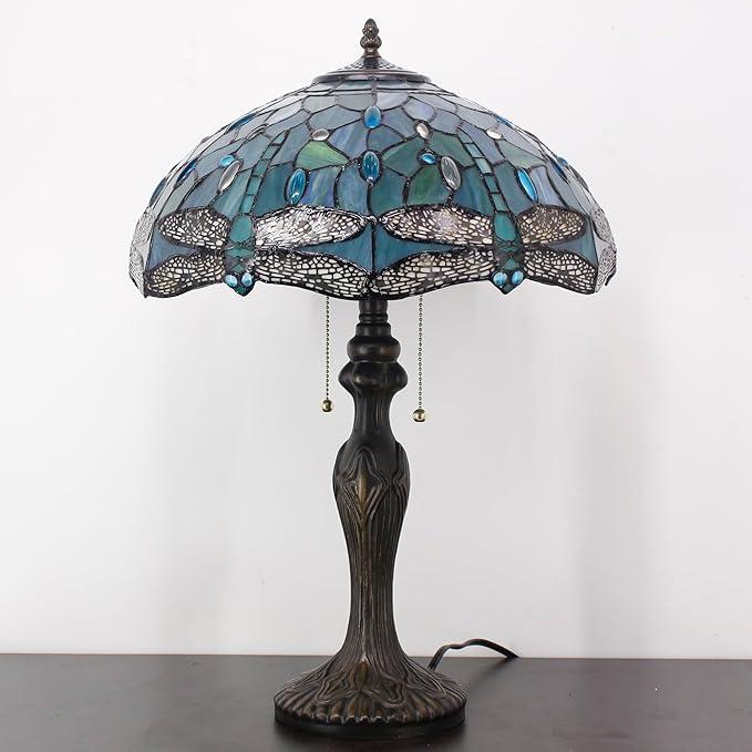 Tiffany Table Lamp Sea Blue Stained Glass Dragonfly Style 16X16X24 Inch Antique Reading Light