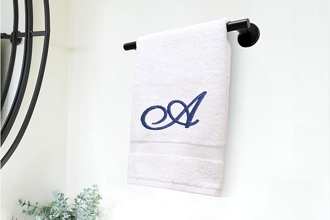 White Monogrammed Hand Towels for Bathroom - Luxury Hotel Quality Personalized Initial Embroidered Towel for Powder Room, Spa - GOTS Organic Certified - Pack of 2 Navy, Letter A