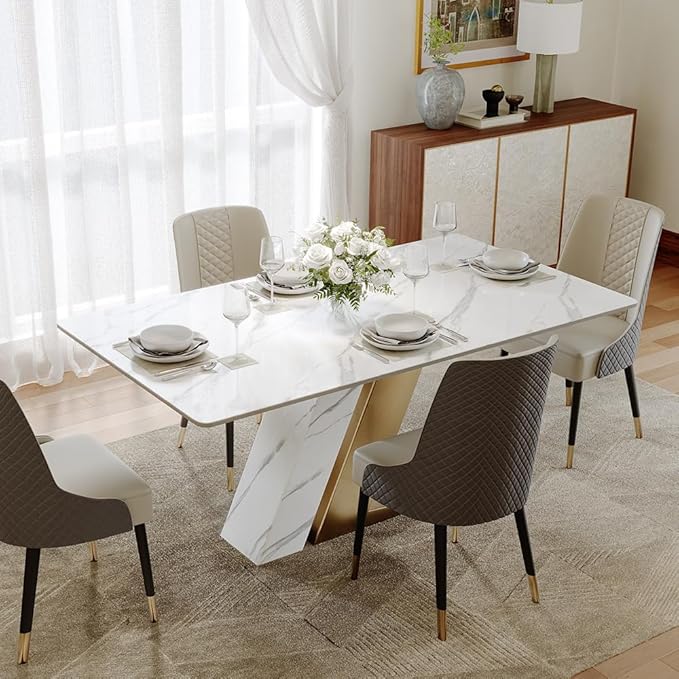 POVISON 63" Modern Dining Table for 4, Gold Dining Table Sintered Stone Dining Tabletop with Z-Shaped Stainless Steel Pedestal, Rectangle Dining Room Table (Table Only)