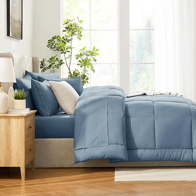 CozyLux Queen Comforter Set Mineral Blue, 7 Pieces Bed in a Bag, Blue Comforter Queen Size, All Season Bedding Sets with Stitch Quilted Comforter, Flat Sheet, Fitted Sheet, Pillowcases