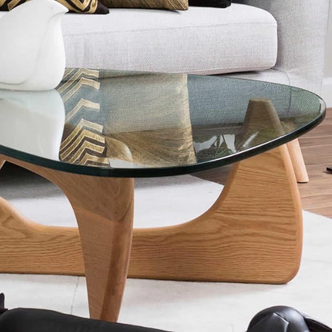 Mid Century Coffee Table Triangle Glass Coffee Table with Solid Wood Base and Thick Clear Glass Top Modern End Table for Living Room, Patio, Office, Light Walnut