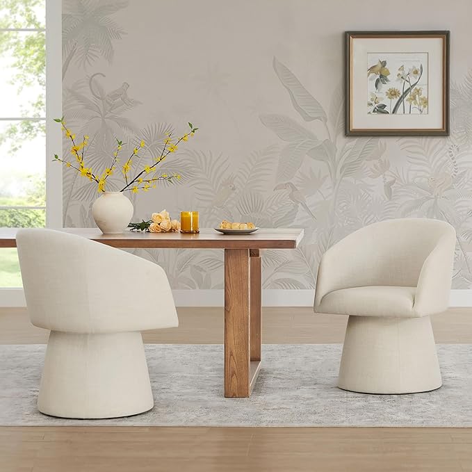 Swivel Dining Chairs Set of 2, Upholstered Mid Century Modern Deskchair with Barrel Back, Linen Fabric Kitchen Chairs for Dining Room, Bedroom, Dressing Room, Linen