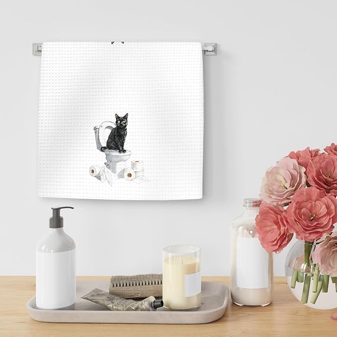 Funny Black Cat Bathroom Hand Towels, Gifts for Black Cat Owners Lovers Women Men, Cute Kitten Kitty Pet Decor for Bathrooms, Funny Pet Lovers Toilet Hand Towels for Bathroom Washroom,16x24In
