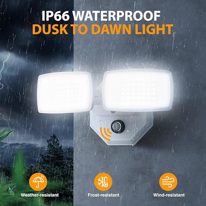 Onforu 32w 3200LM Dusk to Dawn Outdoor Lighting,6500K Dual-Head Flood Light Outdoor with Photocell,IP66 Waterproof Security Lights,Exterior Daylight Off and Night On White Wall Light for Patio Garden