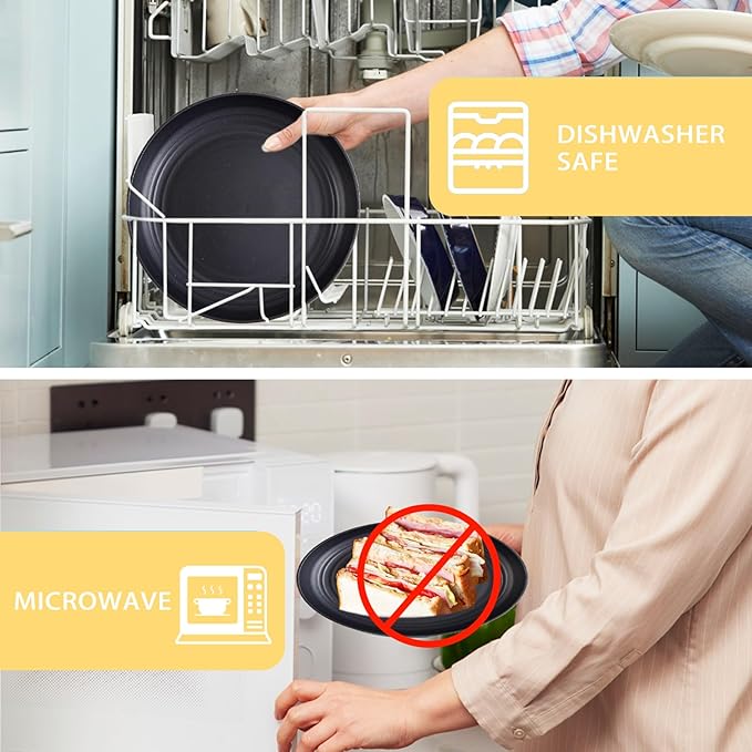 Supernal 32pcs Black Wheat Straw Dinnerware Sets with 25pcs Linen Napkins,Plates and Bowls Sets for 8,Black Plastic Dinnerware Sets, Microwave Dishwasher Safe Plates, Dishes Set for 8