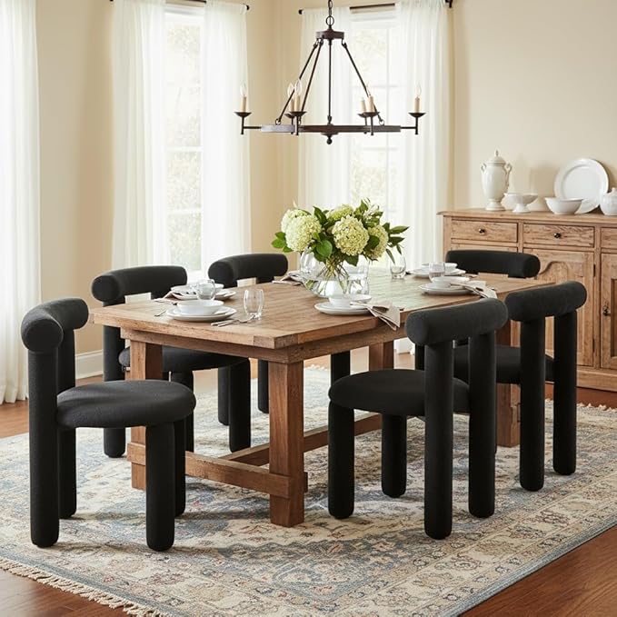 DUOMAY Modern Black Boucle Dining Chairs Set of 2, Sherpa Upholstered Kitchen Chairs Armless Barrel Back Dining Chair, Living Dining Room Chairs, Reception