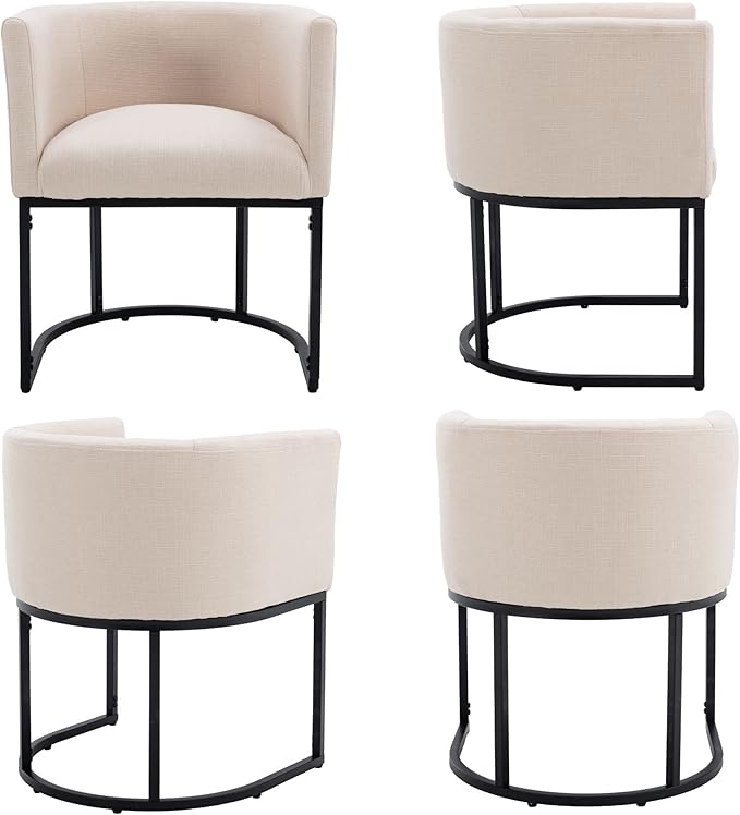 Linen Fabric Dining Chairs Set of 8 Modern Barrel Arm Chairs with Black Frame Upholstered Kitchen Chairs 18.5" Wide Accent Chairs for Living Room Dining Room Restaurant, Cream