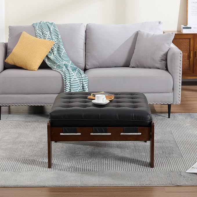 Kmax Coffee Table, 30 Inch Black Leather Ottoman Coffee Table Square Upholstered Dark Wood Center Table Tufted Tea Table for Living Room - PU, Black