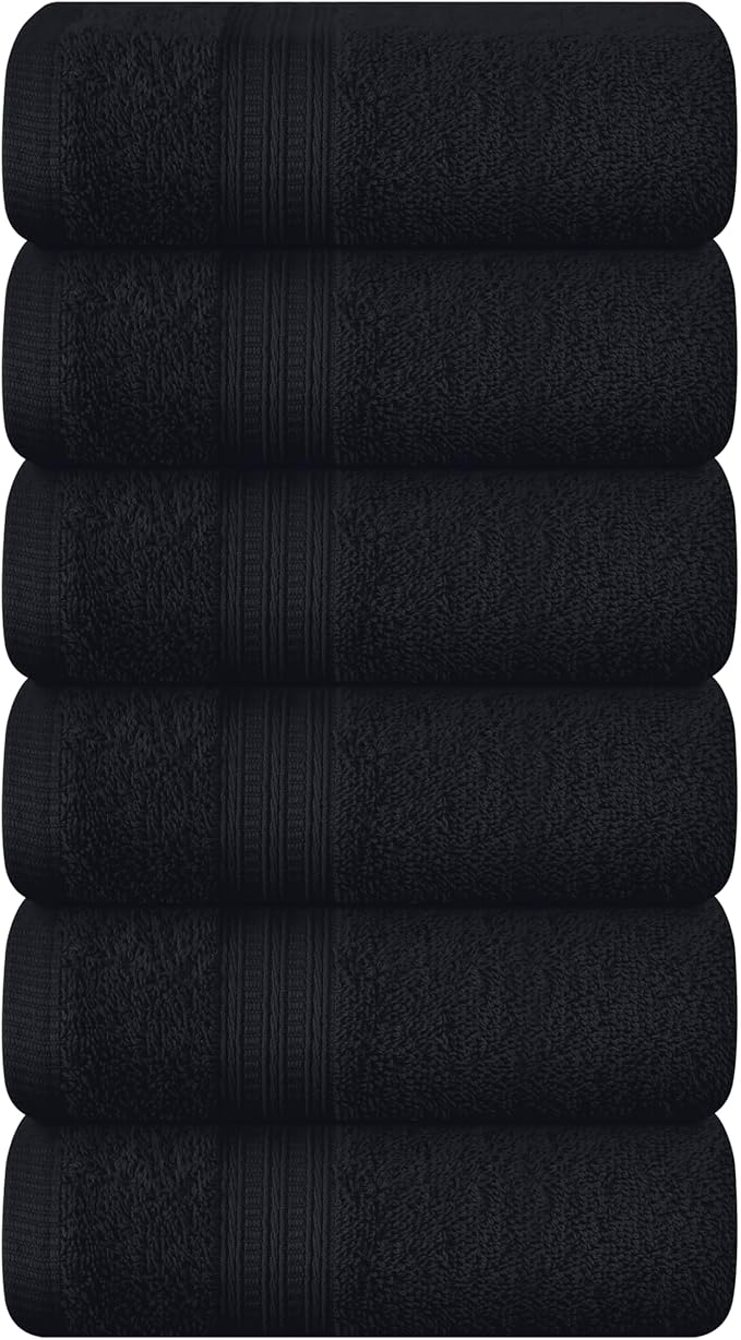 BOUTIQUO Ultra Soft Cotton 6 -Piece Hand Towel Set 16x24 Inch, Ideal for use in Bathroom, Kitchen, Gym, Spa & General Cleaning, Compact & Lightweight Multi Purpose Hand Towels - Black
