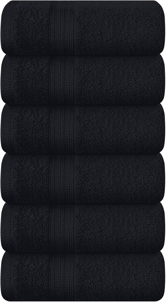 BOUTIQUO Ultra Soft Cotton 6 -Piece Hand Towel Set 16x24 Inch, Ideal for use in Bathroom, Kitchen, Gym, Spa & General Cleaning, Compact & Lightweight Multi Purpose Hand Towels - Black