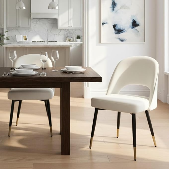 DUOMAY Modern Dining Chair Set of 2 with Open Back, Velvet Upholstered Armless Chair with Metal Frame Side Chair for Kitchen Dining Room Living Room, Beige