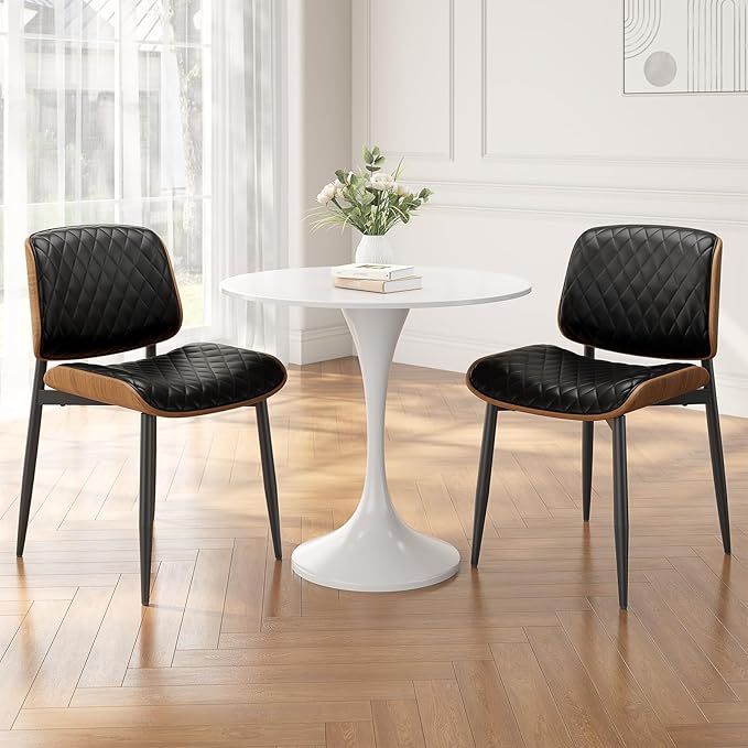Dining Chairs Set of 2, Mid-Century Modern Upholstered PU Leather Chairs with Walnut Back and Metal Legs Adjustable Feet for Kitchen Dining Room, Black Diamond Plaid