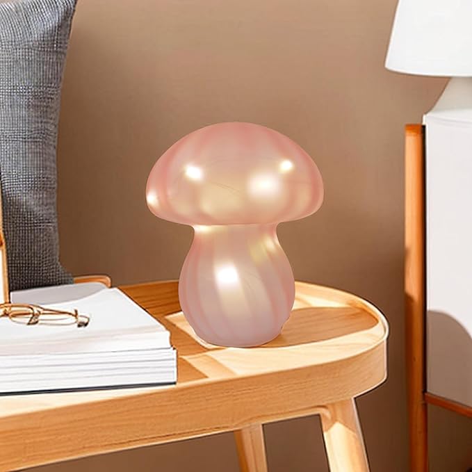 Mushroom Table Lamps Night Lights Cute Glass Nightstand Bedside Desk Lamps for Bedroom Living Study(Bulb Included) - Pink Stripes