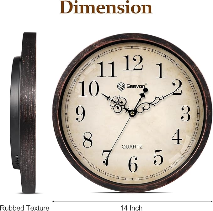 Geevon Vintage Wall Clock, Silent 14" Non Ticking Retro Round Clock Quartz Decorative Battery Operated Wall Clock for Kitchen,Office,Classroom,Bedroom,Living Room Decor