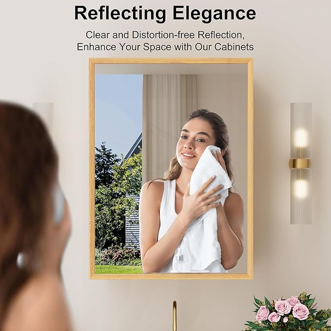16x24 Inch Wood Medicine Cabinet with Mirror, Surface or Recessed Mounted Bathroom Cabinets with Adjustable Shelves, Soft-Close Hinges, Wall Mounted Cabinet for Storage, Oak-Grain
