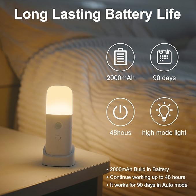 Rechargeable Motion Sensor Night Light, Battery Operated nightlights, Dimmable Motion Sensor Light Indoor, Cordless Motion Activated Night Lights for Adults, Bathroom, Bedroom, Hallway(2Pack)