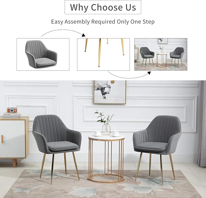 ECOTOUGE Matte Velvet Dining Chairs Set of 6, Modern Arm Chair with Golden Metal Legs, Living Room Accent Chairs for Kitchen, Grey