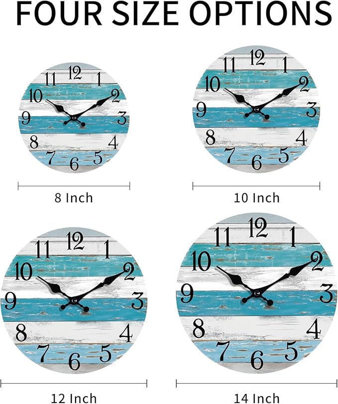 Wall Clock Battery Operated 8 Inch Outdoor Beach Style Blue Coastal Retro Silent Non Ticking Decorative for Bathroom Kitchen Living Room Bedroom