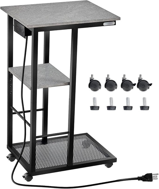 Redlife C Shaped End Table, Small Side Table for Couch C Tables with Charging Station, End Tables with Wheels & Adjustable Fee, Rolling Side Table for Living Room Bedroom (Grey Marble)