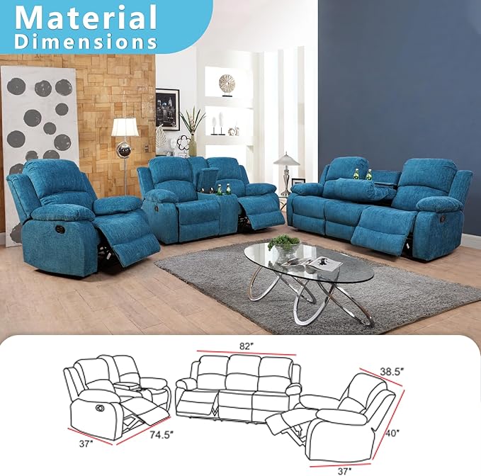 Manual Recliner Sofa Set,Microfiber Reclining Couch Set,Modern Living Room Furniture Set,Reclining Sofa Couch Chair for Living Room Home Office(Light Blue,Sofa+Loveseat)