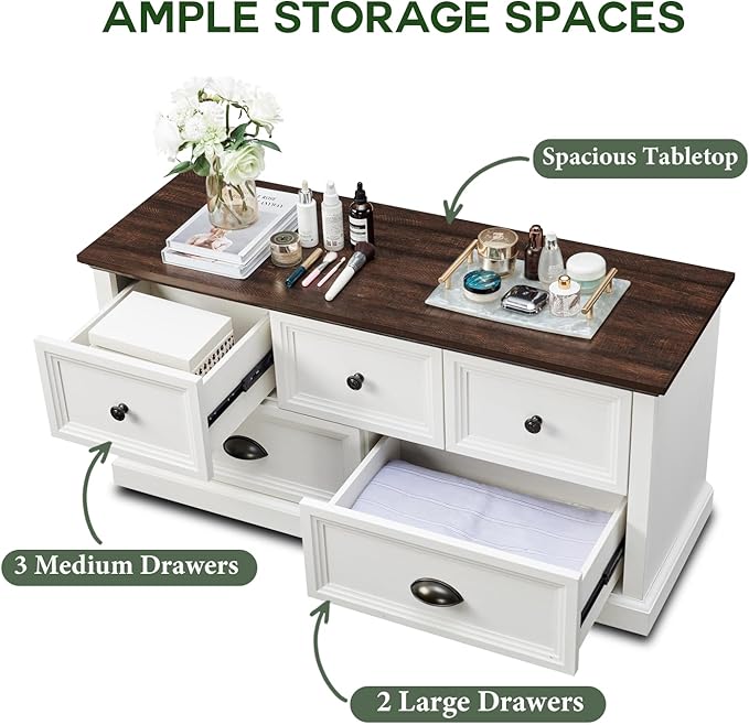 Farmhouse 5 Drawers Dresser for Bedroom, 45" Wide Chest of Drawers, 21" Tall Storage Closet Bench Storage Chest Storage Trunk, Wood Rustic Dresser for Closet, Living Room, Hallway, White