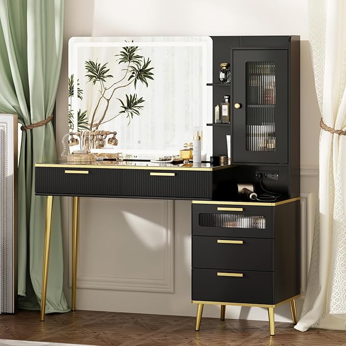 47.24" Big Modern Vanity Desk with Mirror and Lights,Makeup Vanity Desk with 5 Drawers and Storage Shelves & Power Outlet,Dressing Table with Glass Top, Black