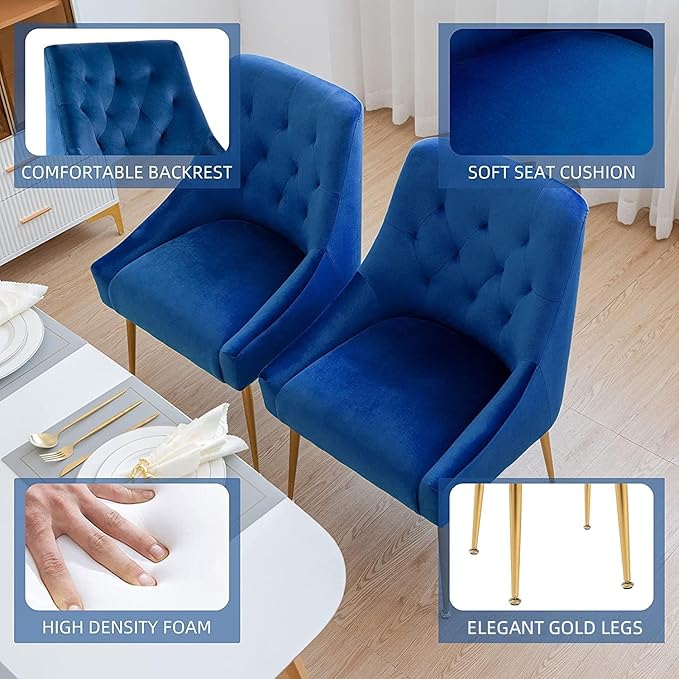 Modern Dining Chairs Set of 6, Mid Century Chairs with 5.12” Cushions and Golden Legs, Velvet Upholstered Dining Chairs with Back Pull Rod, for Kitchen, Living Room (Blue)