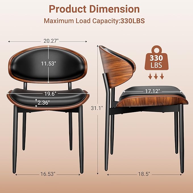 Dining Chairs Set of 4, Dining Room and Kitchen Chairs, Mid Century Modern Retro Chair, Upholstered PU Leather Chairs for Vanity with Walnut Bentwood and Metal Legs (Black)