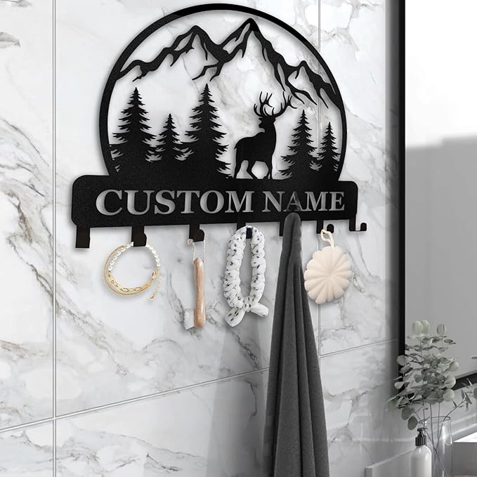 Personalized Key Holder for Wall - Custom Forest Deer Key Rack Hanger with Hooks, Key Holder Wall Mount, Woodland Theme Wall Art Decor Gift, Key Rack Storage for Kitchen, Living Room